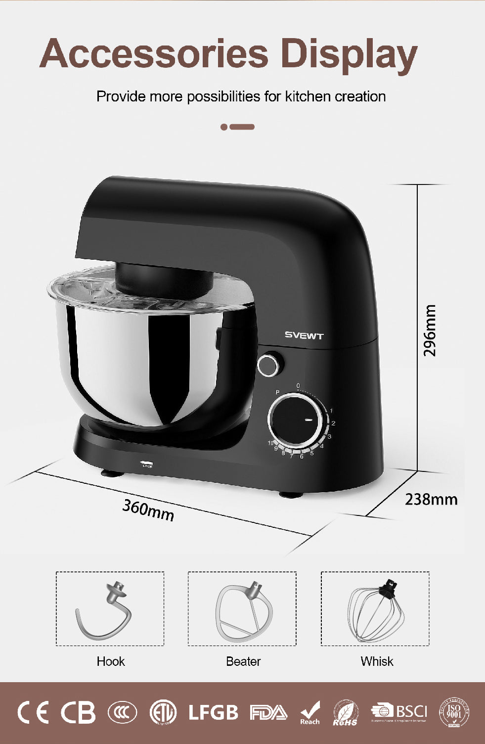 Batidora de pie SVEWT SM-1540 de 1500 W, batidora de cocina con 10 velocidades y bol de acero inoxidable de 5,5 L, color negro.