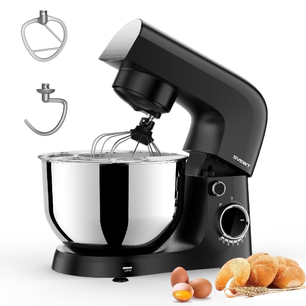 Batidora de pie SVEWT SM-1540 de 1500 W, batidora de cocina con 10 velocidades y bol de acero inoxidable de 5,5 L, color negro.