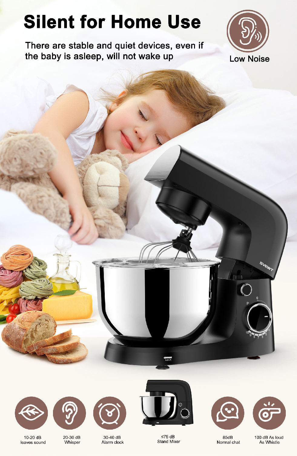 Batidora de pie SVEWT SM-1540 de 1500 W, batidora de cocina con 10 velocidades y bol de acero inoxidable de 5,5 L, color negro.