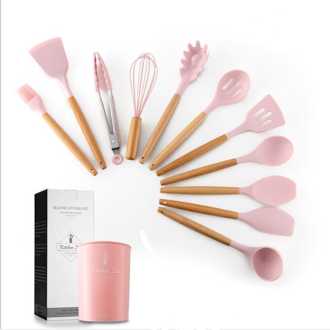 Utensilios de cocina de silicona con mango de madera