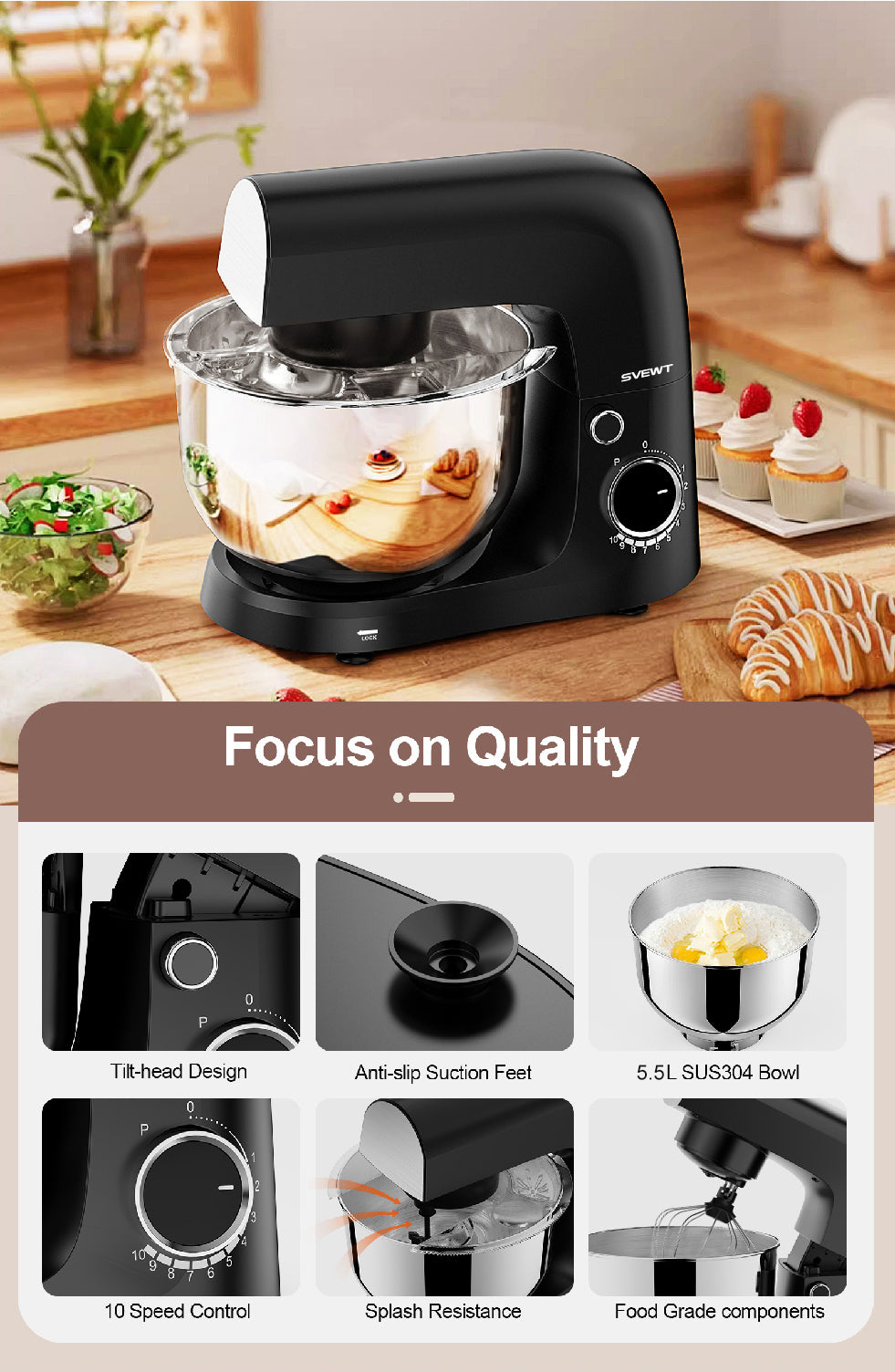 Batidora de pie SVEWT SM-1540 de 1500 W, batidora de cocina con 10 velocidades y bol de acero inoxidable de 5,5 L, color negro.
