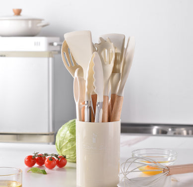 Utensilios de cocina de silicona con mango de madera