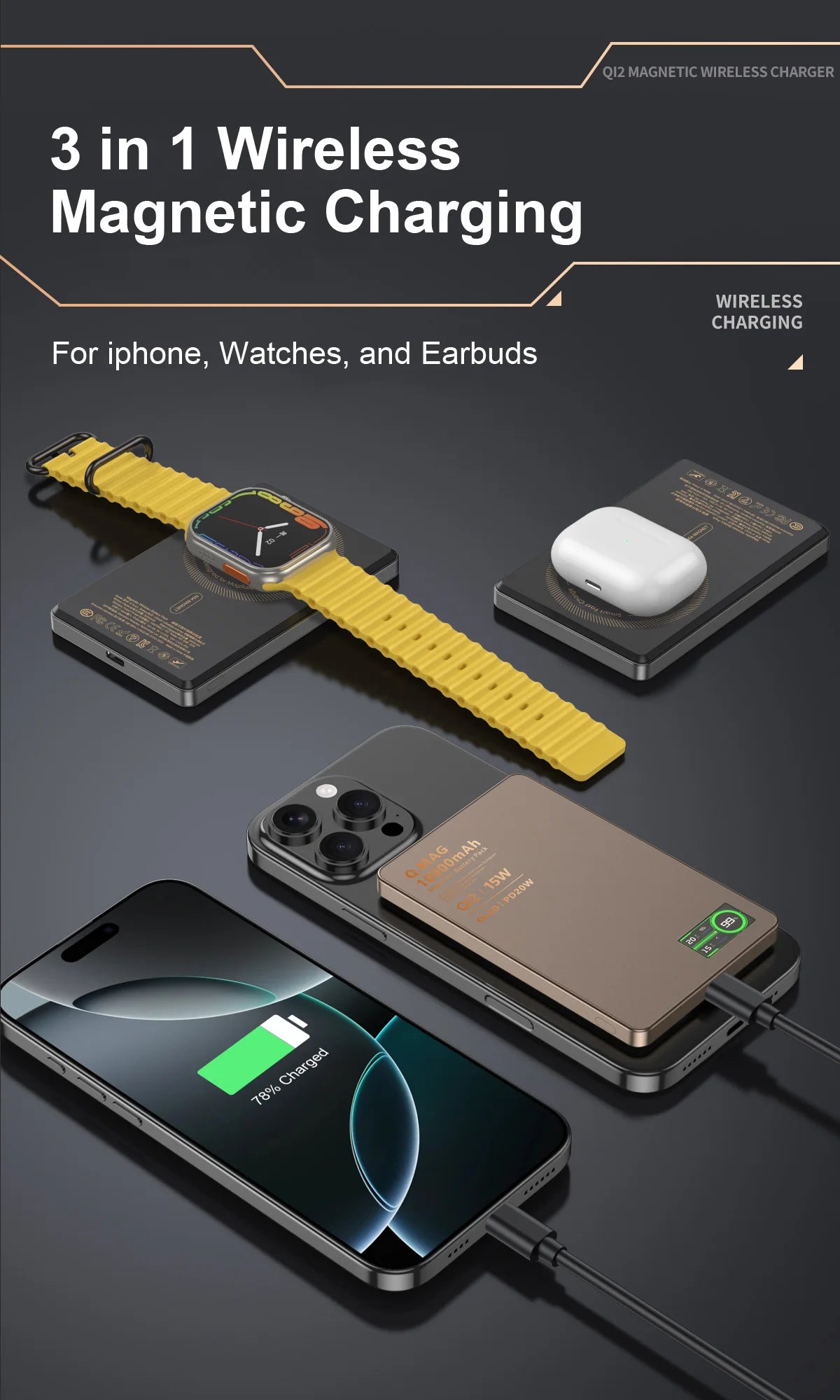 Batería Externa Magnética Portátil  – Carga Inalámbrica Rápida para iPhone Apple Watch y AirPods – 5000/10000mAh